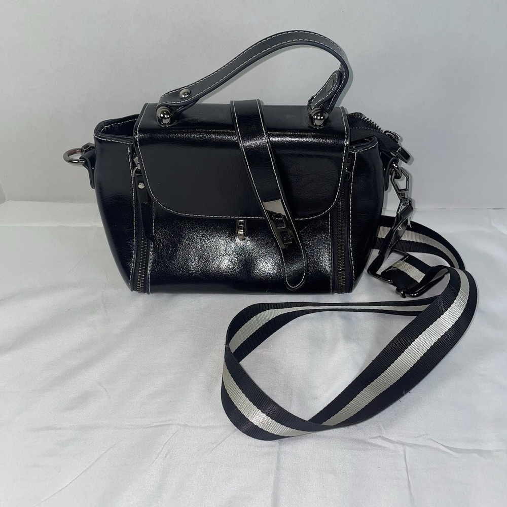 Black Faux Leather Satchel Handbag White Stitching Striped Crossbody Strap